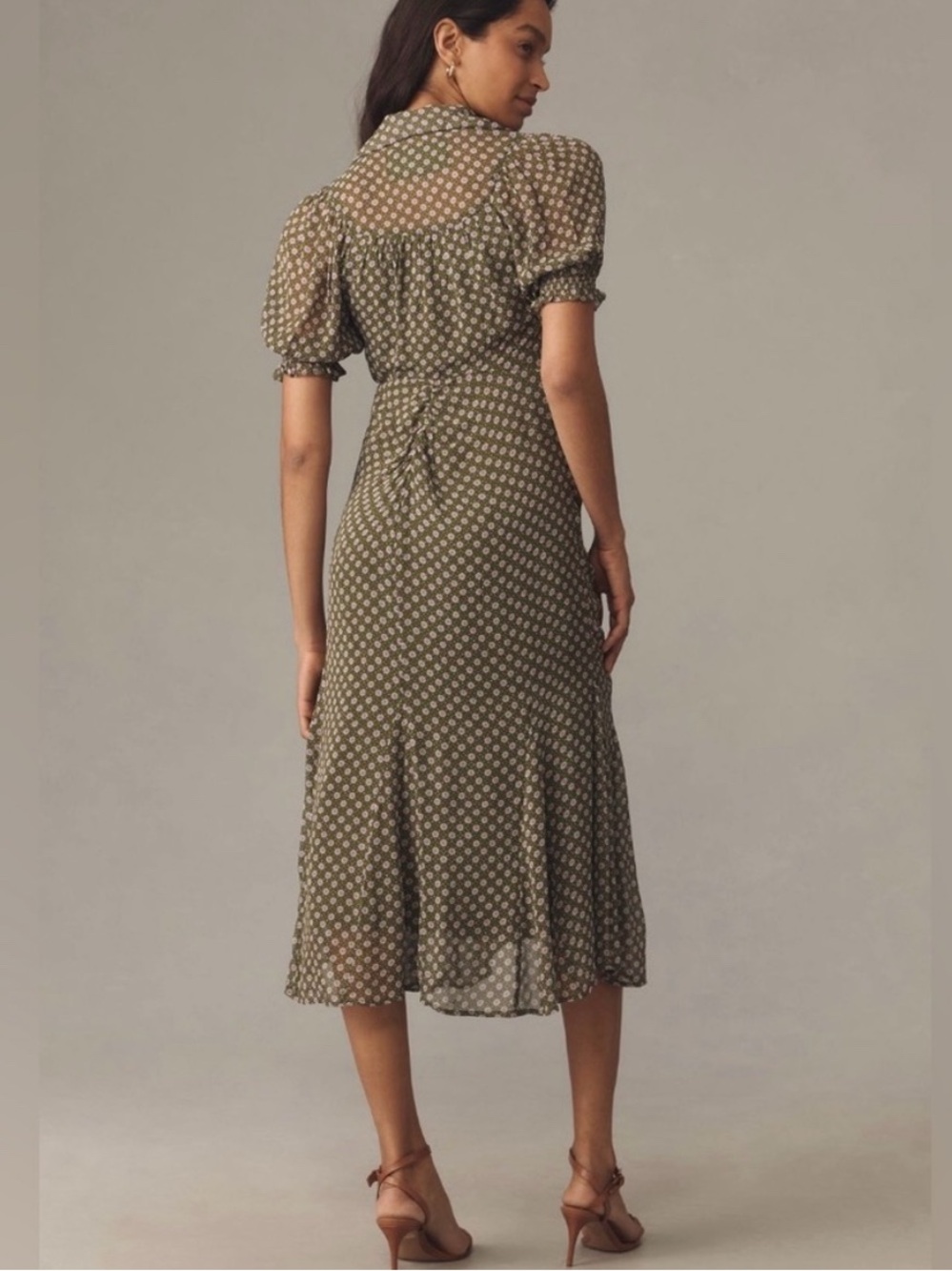 Anthropologie Puff-Sleeve Ruched Mesh Midi Shirt Dress Women Sz 10 Floral office - Picture 8 of 13